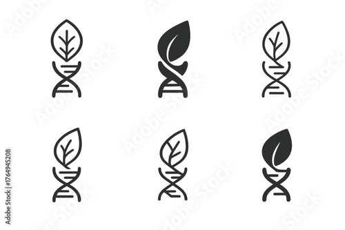 Synthetic Biology Logos. The ethics of cloning and creating synthetic organisms. Set Logo of synthetic biology: DNA strand with leaf. Icon set. harmonious logo