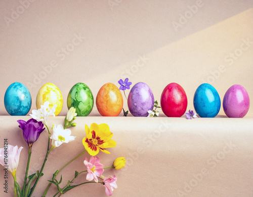 Vibrant line of hand-dyed Easter eggs in rainbow colors, arranged with spring flowers on a shelf against a neutral background with natural sunlight.