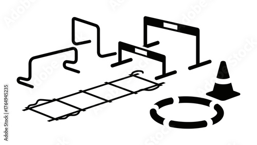 Gym Equipment: An arrangement of minimalist exercise equipment, including hurdles, agility ladder, and training ring, is set against a clean backdrop, perfect for fitness and sports themed content. 