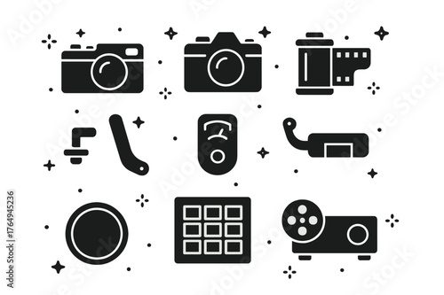 Vintage Camera Icons. 35mm Film Era. Solid icons set of 35mm Film Era: rangefinder camera, SLR camera, film cassette, sprocket holes, rewind crank, advance