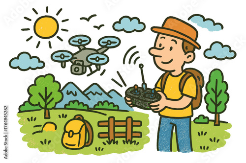 Drone Flying Fun. recreational drone flying. Colorful Hand-drawn doodle Children illustration recreational drone flying man, drone, controller, remote, sky,