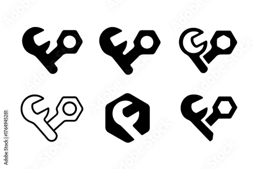 Torque Tuning Logos. Car mechanics working on engines. Set Logo of torque tuning: torque wrench and bolt head. Icon set. harmonious logo variations of the same