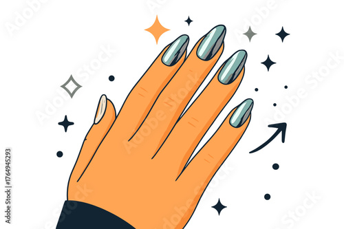 Glam Foil Nails. Foil nails. Woman showing hand with metallic foil nails under bright light, abstract floating sparkles, stars, and geometric icons; emphasizes