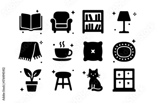 Literary Nook Icons. Literary Nook. Solid icons set of Literary Nook: book, armchair, bookshelf, lamp, blanket, coffee cup, cushion, rug, plant, side table,
