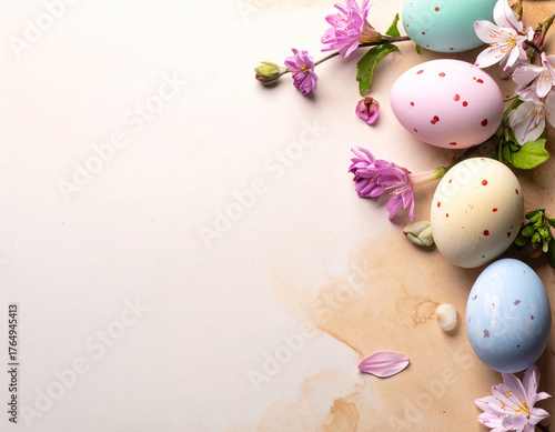 Artistic Easter composition with speckled pastel eggs and small pink flowers arranged on a textured, watercolor-stained cream background with ample copy space.