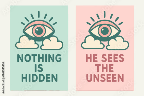 All-Seeing Eye Banners. All-Seeing. Two vertical A6 banners with safe margins, centered composition, no elements touching edges, cartoon, pastel mint and pink,