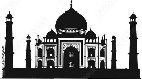 Silhouette of the iconic taj mahal monument against a white background