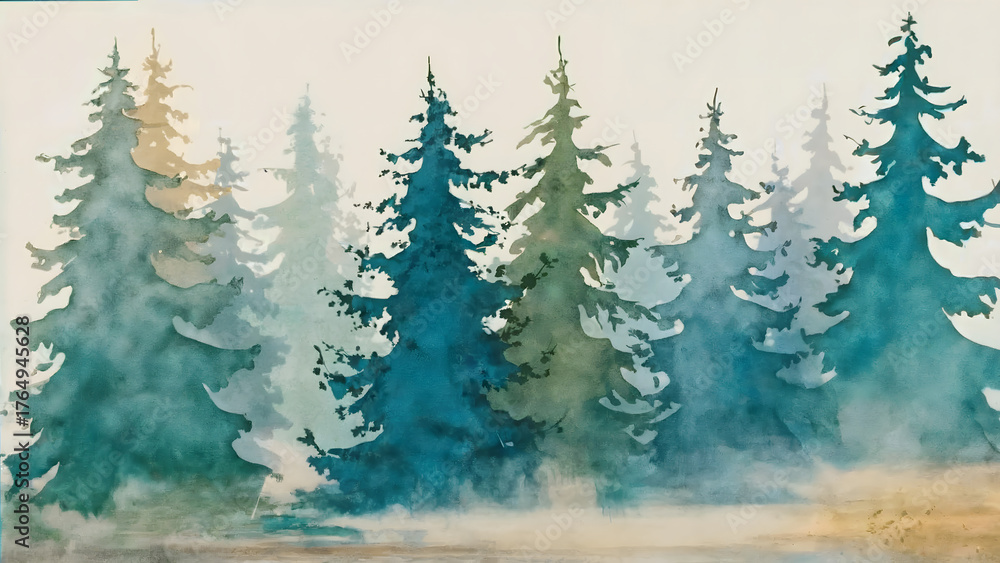 Fototapeta premium Watercolor of Evergreen Forest with Ethereal Mist, Creating Layered Depth Under Diffused Sky - forest landscape