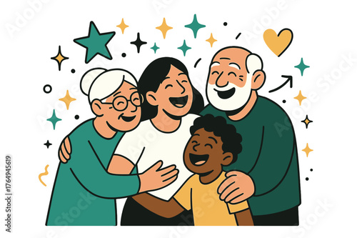 Family Joyful Milestones. Celebrating family milestones. Multi-generational family hugging and laughing together with abstract floating stars, hearts, and