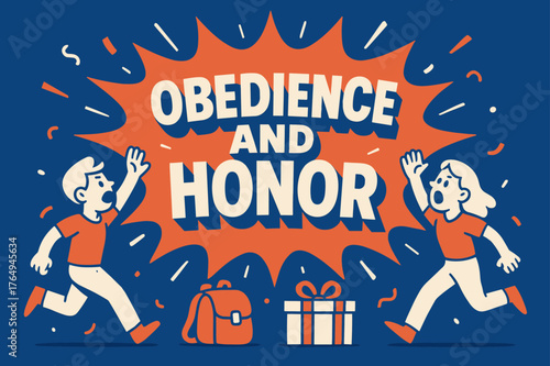 Obedience and Honor Banner. Obedience and Honor banner, flat vector illustration, bold oversized text inside splash explosion banner, cartoon characters
