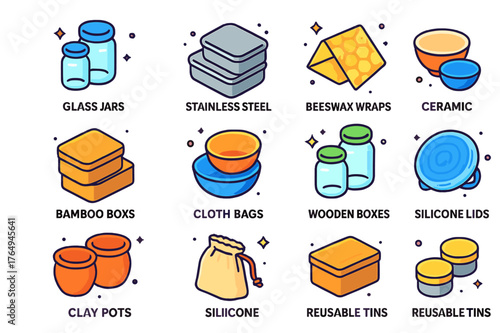 Colorful Plastic Alternative Icons. Plastic alternatives. Colorful isometric vector icons set of plastic alternatives: glass jars, stainless steel containers,