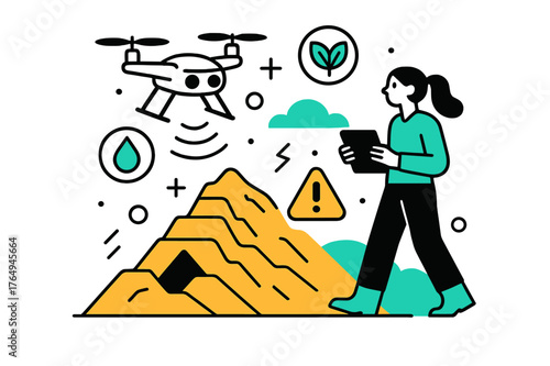 High-Tech Mining Surveillance. Environmental Monitoring in Mining Sites. Drone flying over mining area collecting data, floating abstract signals and geometric