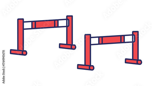Obstacle course : Red hurdles stand ready for competition, the clean lines and primary colors convey a sense of anticipation and challenge, set against an understated backdrop.