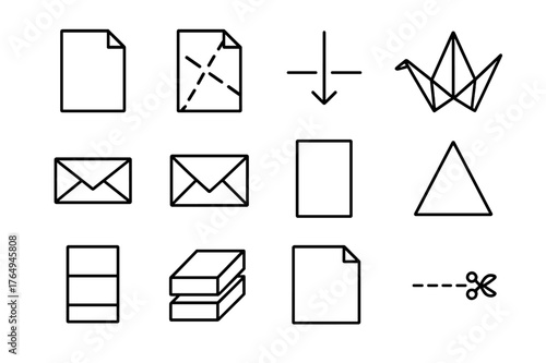 Origami Icon Set. Paper Folding. Line icon set of Paper Folding: folded paper, crease lines, corner fold, origami shape, envelope fold, fold arrow, unfolded