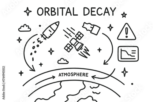 Orbital Decay Doodle. Orbital decay. Hand-drawn doodle illustration orbital decay Earth, debris trajectory, falling satellite, heat trail, broken rocket,