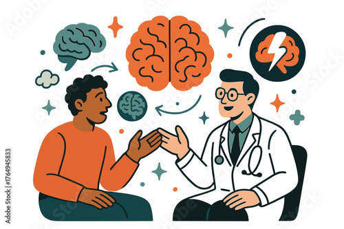 Neurology Consultation Art. Brain disorders and conditions. Patient talking to neurologist with abstract floating brain icons, arrows, and sparkles; conveys