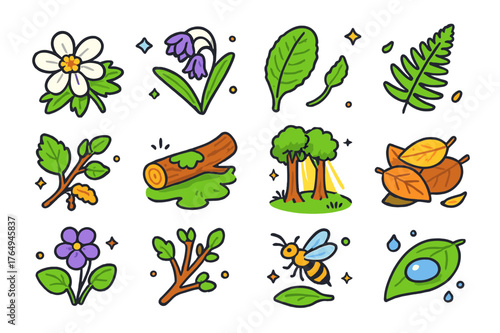Colorful Forest Blossoms. Forest edge blossoms. Colorful isometric vector icons set of Forest edge blossoms: wood anemone, bluebell cluster, primrose leaf,