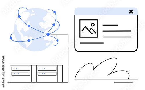 Earth connected by nodes, web page window, cloud shape, and data servers. Ideal for internet, web hosting, global connectivity, cloud computing, database management networking digital