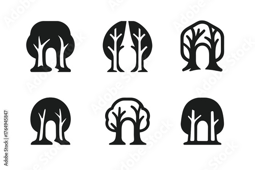 Forest Emblem Variations. Forest shortcut. Set Logo of Forest shortcut: tree trunks forming opening. harmonious logo variations of the same emblematic concept,