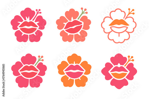 Vibrant Lipstick Logos. Vibrant lipstick colors for summer. Set Logo of Vibrant lipstick colors for summer: Hibiscus bloom lipstick imprint. harmonious logo