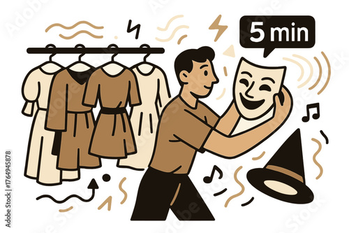 Backstage Prep Energy. Amphitheater ? Backstage Calm. Costumes hang in tidy rows; a stagehand adjusts a mask while a tiny ? min? callout glows. Soft sound