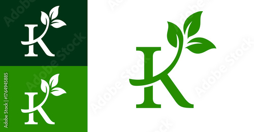 Minimalist Letter K with Green Leaf Logo Design. Leaf Logo Design.