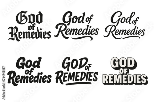 Creative Lettering Grid. God of Remedies. Set lettering. harmonious lettering variations of the same emblematic concept (Gothic-inspired decorative type, Bold