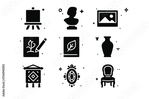Art Icons Grid. Art categories. Solid icons set of Art categories: painting canvas, sculpture bust, photograph print, drawing sketch, printmaking plate,