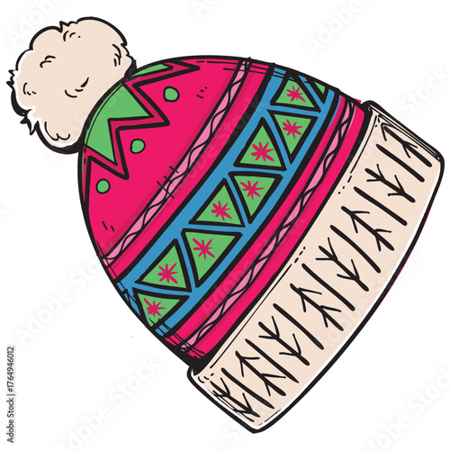 hand drawn Knitted beanie hat with pompom. Christmas holiday accessory vector illustration. Warm headwear for winter season.