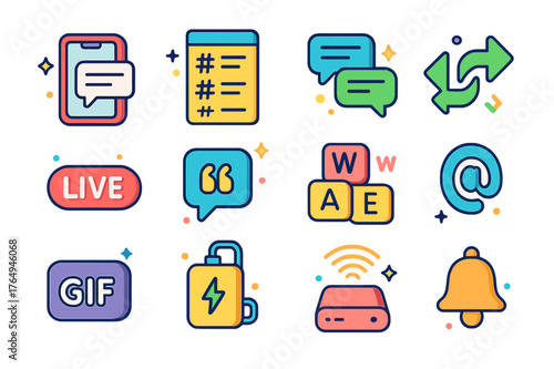 Colorful Tweeting Icons. Live tweeting essentials. Colorful isometric vector icons set of Live tweeting essentials: phone with tweet composer,