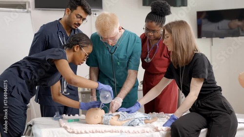 Medical students practicing pediatric resuscitation training on a manikin