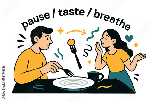Mindful Dining Artistry. Mindful Eating Practices. Minimal table setting with one plate, one bite, and calm ripples around it. Text ?pause / taste / breathe?
