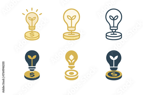 Entrepreneurial Lightbulb Logos. Entrepreneurship. Set Logo of Entrepreneurship: lightbulb sprouting from coin. harmonious logo variations of the