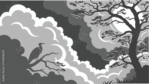 Mystical Crane Moonlit Tree Clouds Monochrome Illustration