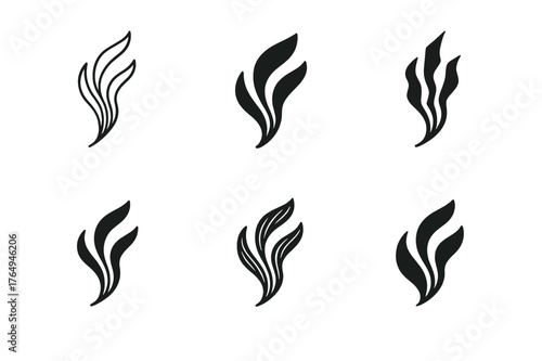 Seaweed Logo Variations. Seaweed foraging. Set Logo of Seaweed foraging: flowing kelp frond. harmonious logo variations of the same emblematic concept, each