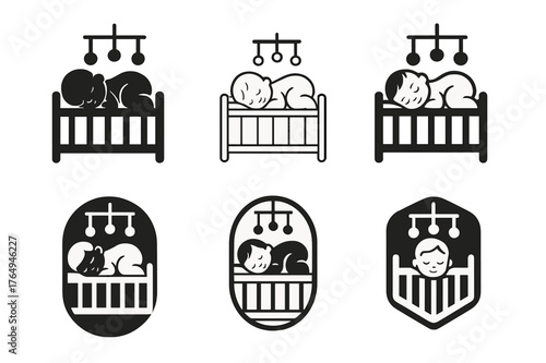 Child Sleep Logo. Deep sleep. Set Logo of Deep sleep: Child peacefully sleeping in a crib with mobile. harmonious logo variations of the same emblematic
