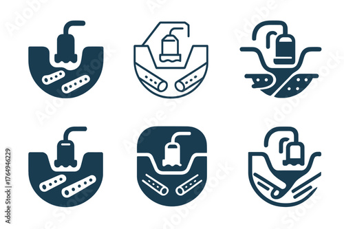 Stylized Drainage Logos. Drainage pipes in trench. Set Logo of Drainage pipes in trench: sump pit with submersible pump discharging to trench line. harmonious