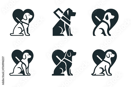 Guide Dogs Logo Variations. Guide dogs and service animals. Set Logo of Guide dogs and service animals: emotional support animal symbol. harmonious logo