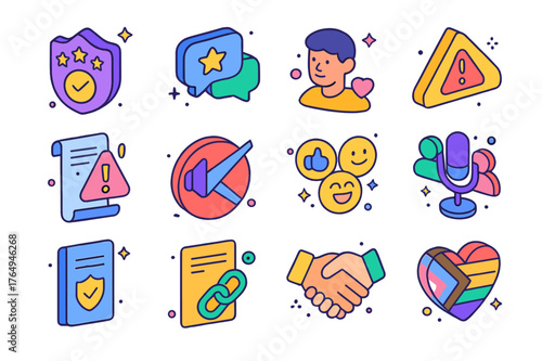 Colorful Community Icons. Online community support. Colorful isometric vector icons set of Online community support: community moderator badge, positive chat