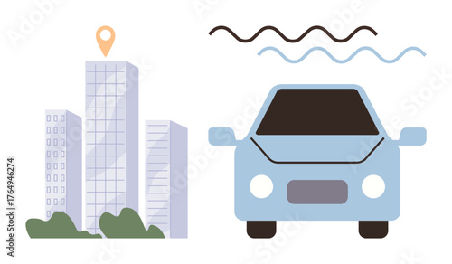 City buildings with a location pin beside a connected car and wavy lines symbolizing signals. Ideal for smart cities, navigation, technology, connectivity, transportation, urban planning, GPS. Simple