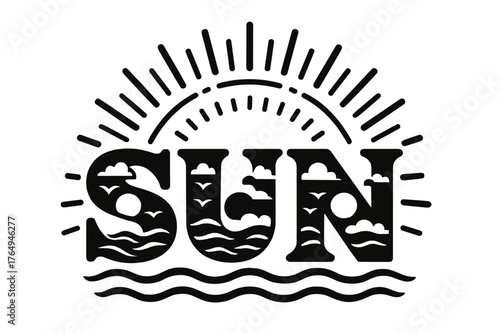 Sunlit Letter Art. Decorative Display Lettering ? "Sun" with silhouette letters containing tiny sun discs, waves, clouds, and birds, arched composition framed