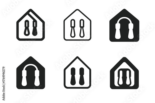 Smart Fitness Logo Variations. Smart home fitness equipment. Set Logo of Smart home fitness equipment: smart jump rope with sensor handles. Icon set.