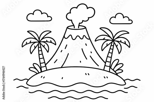 Island Volcano Coloring. Island volcano children?s coloring book illustration, outlined drawing, a peaceful cone-shaped volcano on a tiny island with palm