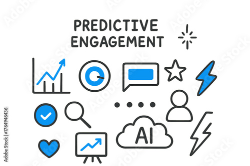 Predictive Engagement Icons. // Predictive engagement. Hand-drawn doodle illustration Predictive engagement [graph forecast (accented), target (accented),