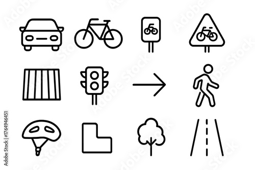 Traffic and Cycling Icons. Traffic and cycling. Line icon set of traffic and cycling: car, bicycle, bike lane marking, traffic sign, crosswalk, street light,