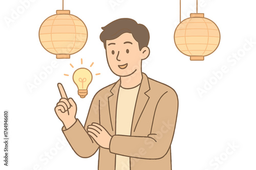 Innovative Harmony Vision. Startup. A young entrepreneur presenting a bright idea under paper lanterns, reflecting Chinese harmony and balance. > Soft minimal
