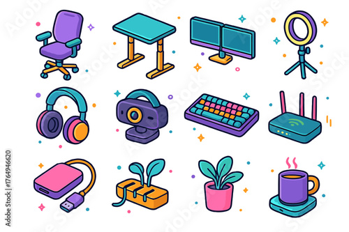 Colorful Remote Work Icons. Remote work setup. Colorful isometric vector icons set of Remote work setup: ergonomic chair, standing desk, dual monitors, ring