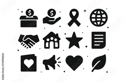 Charity Icons Collection. Charity and Support Foundations. Solid icons set of Charity and Support Foundations: donation box, coin hand, charity ribbon, globe,
