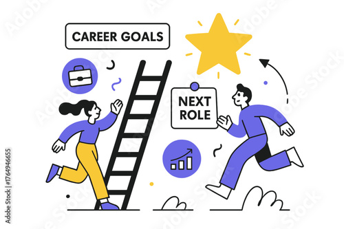 Career Ladder Vision. Vision Board ? Career Goals. A tidy ladder leans toward a glowing goal star; caption ?Next Role? pins to a card. Minimal briefcase and