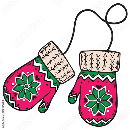 Christmas mittens with winter pattern. hand-drawn knitted gloves festive winter design element vector. 